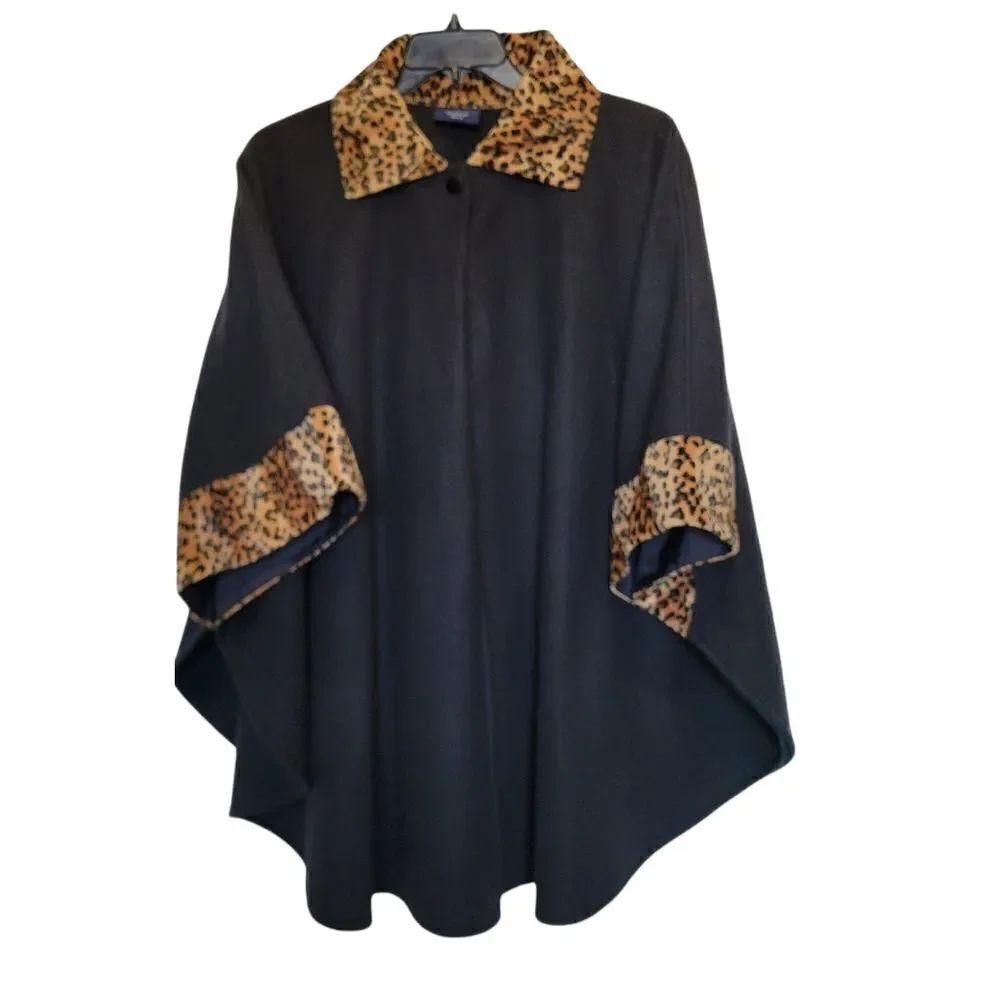 Black Poncho With Leopard Faux Fur Accents